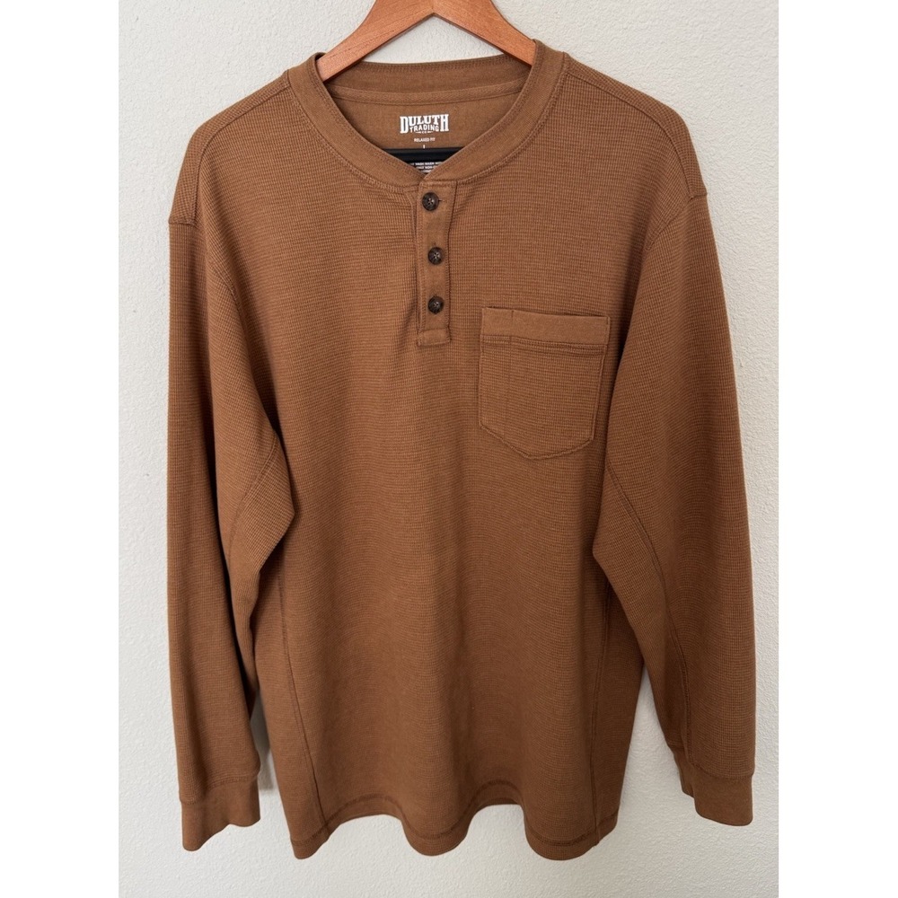 Duluth Trading Men's Size Large Relaxed Thermal Waffle Henley Shirt Burnt Orange